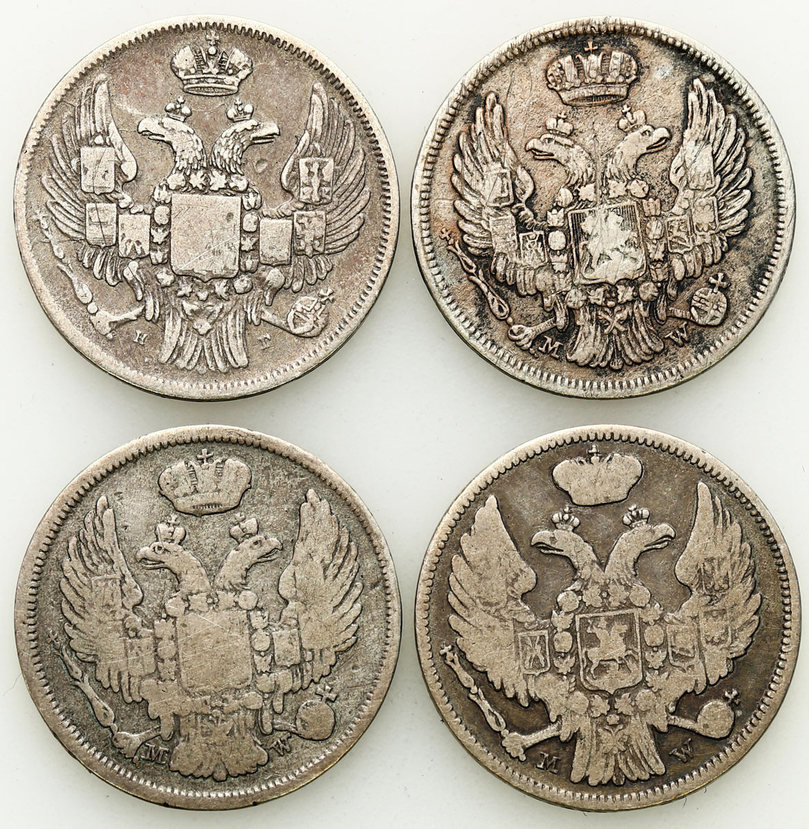 Polska XIX w./Rosja, Mikołaj I. 15 kopiejek = 1 złoty 1833-1836 MW i НГ, Warszawa i Petersburg, zestaw 4 monet